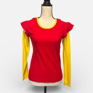 Vintage 1970s Helen Sue Women's M Yellow Red Nylon Long Sleeve Ruffle Shirt